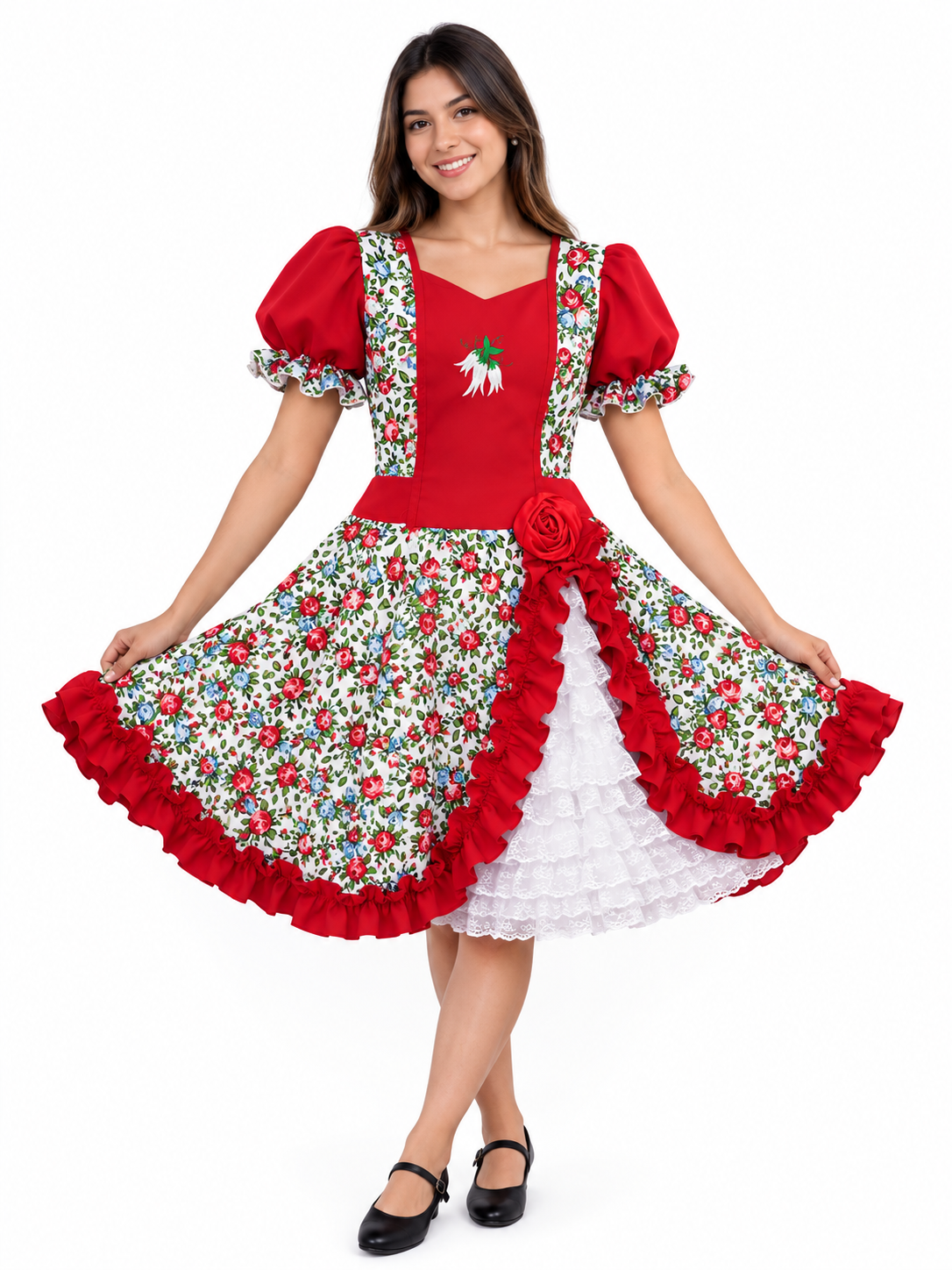 Traje de Huasa China Folreado Rojo Adulto y Niña