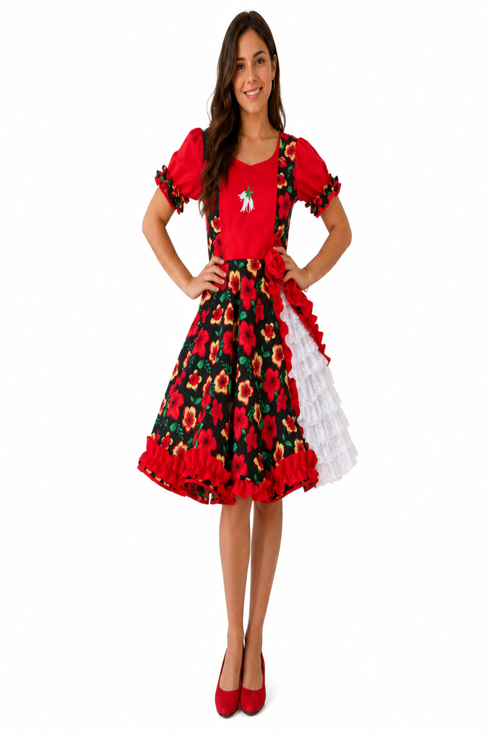 Traje de Huasa China Rojo y Negro Adulto y Niñas