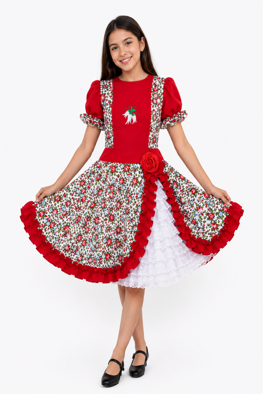 Traje de Huasa China Folreado Rojo Adulto y Niña