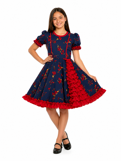 Traje de Huasa China Azul y Rojo Adulto y Niñas