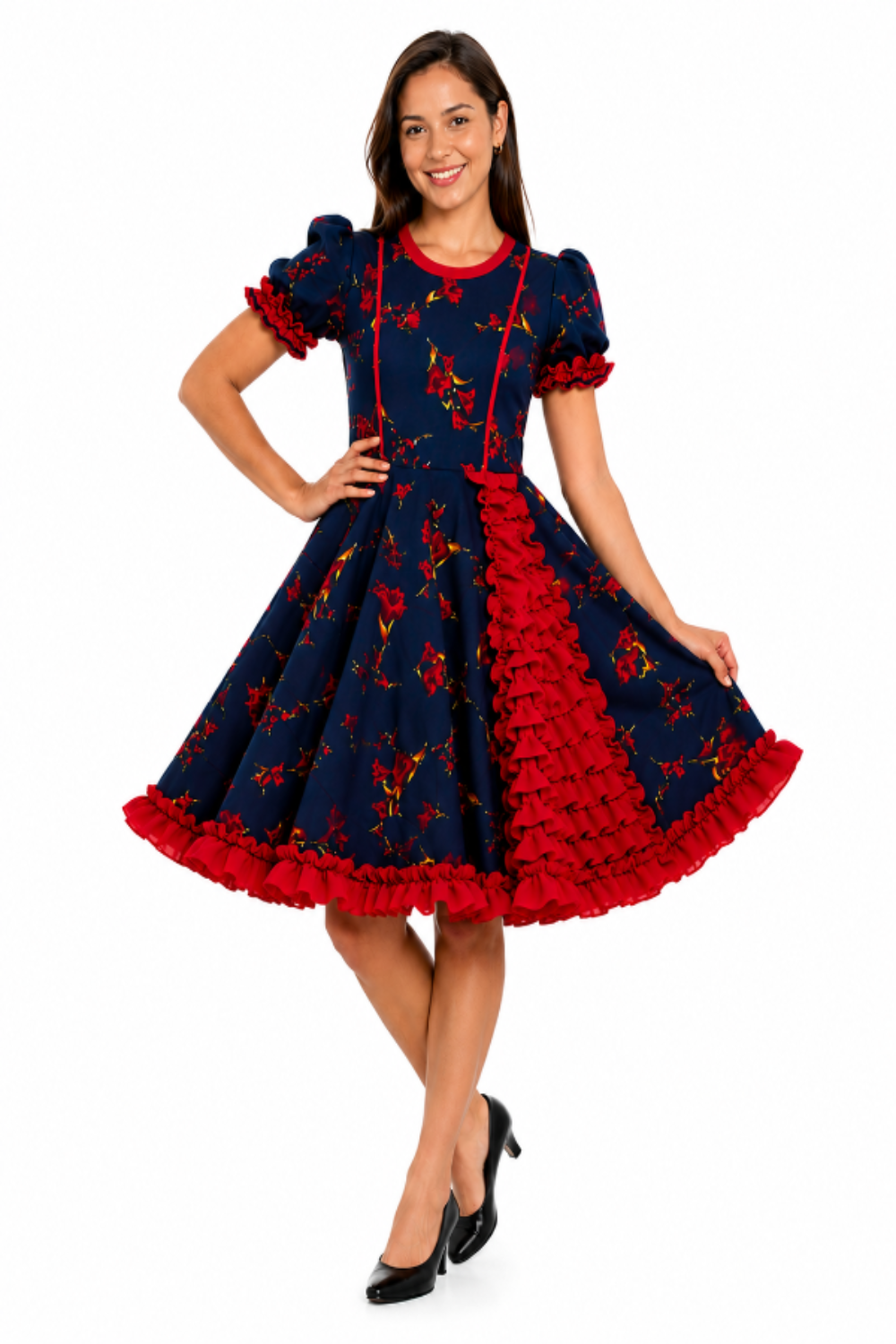 Traje de Huasa China Azul y Rojo Adulto y Niñas