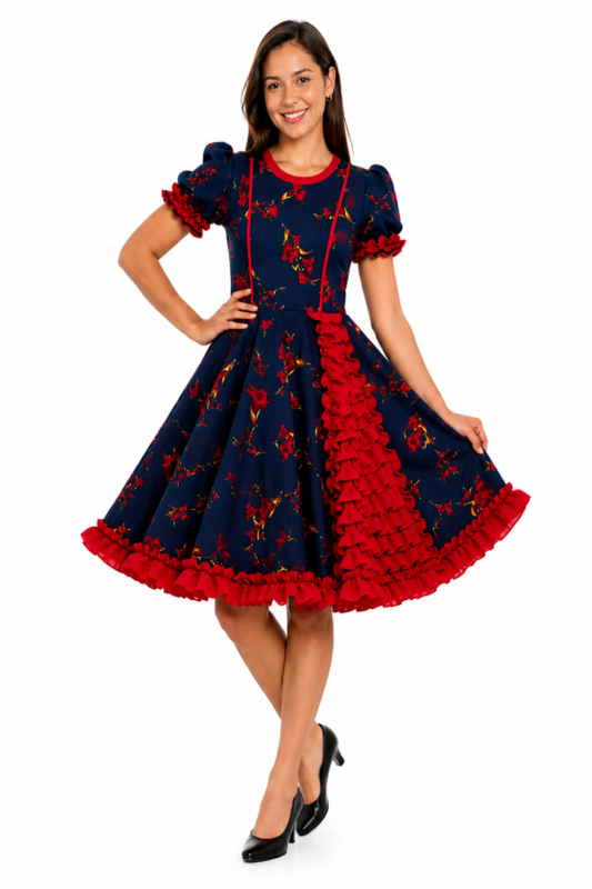 Traje de Huasa China Azul y Rojo Adulto y Niñas